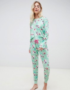 Новогодняя пижама из лонслива и штанов с принтом лам Chelsea Peers - Зеленый