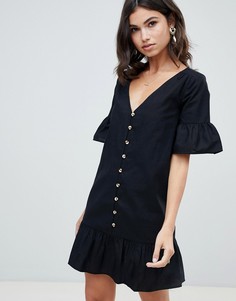 Свободное платье мини на пуговицах с оборками ASOS DESIGN - Черный