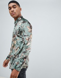 Зеленая бархатная рубашка классического кроя с цветочным принтом River Island - Зеленый
