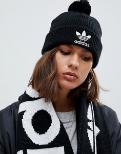 Черная шапка-бини с вышитым логотипом и помпоном adidas Originals - Черный