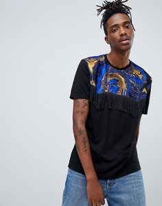 Свободная футболка с мраморным принтом на велюровой кокетке и кисточками ASOS DESIGN - Черный