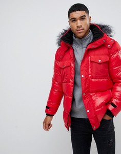 Красная дутая куртка с искусственным мехом на капюшоне River Island - Красный