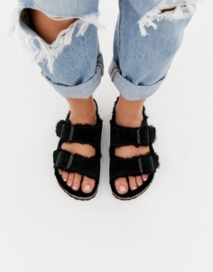 Черные замшевые сандалии на меховой подкладке Birkenstock Arizona - Черный