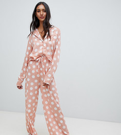 Пижамная рубашка и широкие штаны в горошек из 100% вискозы ASOS DESIGN Tall - Розовый