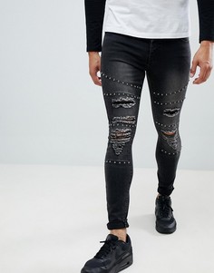 Черные рваные джинсы скинни с заклепками boohooMAN - Черный