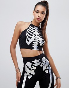 Черный кроп-топ с голографическим блестящим принтом PrettyLittleThing Halloween - Черный