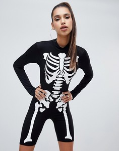 Комбинезон-трико с принтом скелета PrettyLittleThing Halloween - Черный