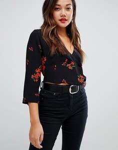 Черный топ свободного кроя с запахом и узором New Look - Черный