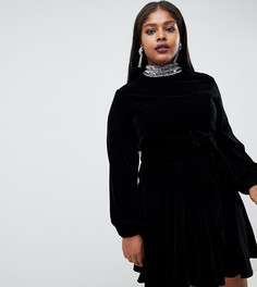 Эксклюзивное бархатное платье мини с рукавами в стиле 70-х ASOS DESIGN Curve - Черный