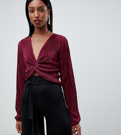 Плиссированный топ с запахом, глубоким вырезом и длинными рукавами ASOS DESIGN Tall - Черный