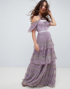 Платье макси лавандового цвета с вышитым кружевом и открытыми плечами Needle and Thread - Фиолетовый