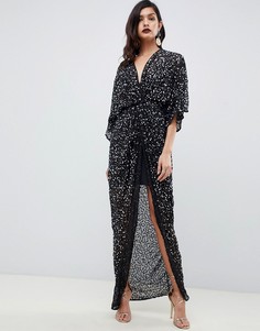 Платье-кимоно макси с перекрученной отделкой спереди и пайетками ASOS DESIGN - Черный