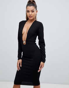 PrettyLittleThing lion buckle bodycon midi dress in black - Черный