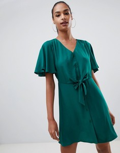 Зеленое платье мини на пуговицах с завязкой на талии PrettyLittleThing - Синий