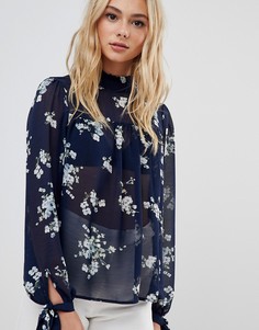 Блузка с цветочным принтом и завязкой на вороте Urban Bliss - Темно-синий