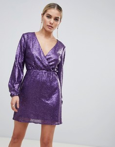 Фиолетовое короткое приталенное платье с длинными рукавами и запахом Outrageous Fortune - Фиолетовый