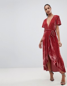 Розовое бархатное платье миди с запахом PrettyLittleThing - Розовый