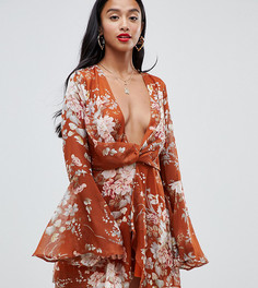 Boohoo Petite chiffon knot front dress in rust floral - Мульти