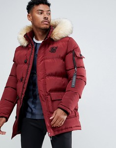 SikSilk parka jacket with faux fur hood in burgundy - Красный