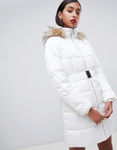 Morgan padded coat with faux fur hood in cream - Кремовый