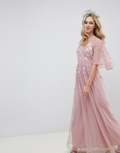 Платье макси с рукавами в стиле кейпа и вышивкой ASOS DESIGN. - Розовый