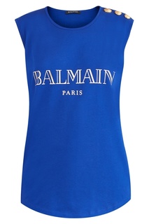 Синий топ с логотипом Balmain