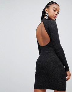 Платье с открытой спиной и высоким воротом с отделкой люрексом Bershka - Черный
