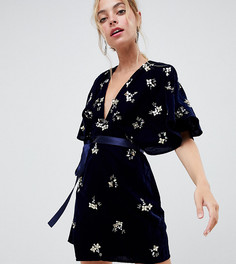 Бархатное платье мини с запахом и отделкой ASOS DESIGN Petite - Темно-синий