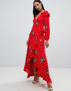 Boohoo ruffle wrap maxi dress in floral and polka dot - Мульти