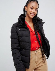 Bershka padded jacket with belt detail in black - Синий