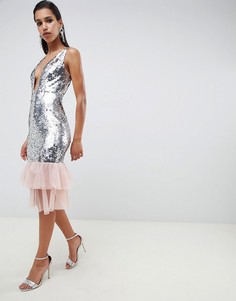 Платье миди с пайетками и оборкой из тюля ASOS DESIGN - Серебряный