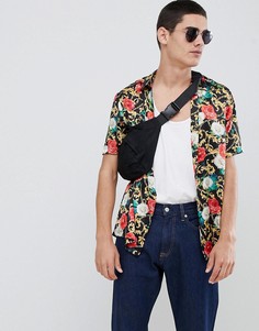 Атласная рубашка классического кроя с принтом цветов и цепочек ASOS DESIGN - Черный