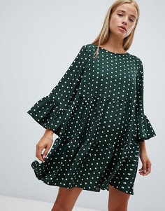Свободное платье в горошек с оборками QED London - Зеленый