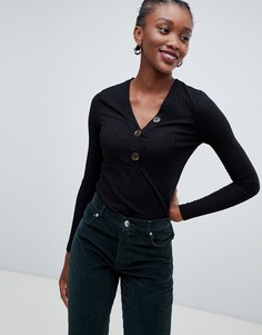 Топ в рубчик на пуговицах New Look - Черный