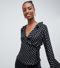 Glamorous Tall long sleeve wrap front blouse in gold spot - Черный