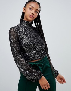 Блузка с леопардовым принтом с отделкой металлик Bershka - Черный