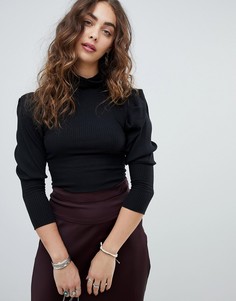 Топ с высоким воротом и пышными рукавами Free People - Черный