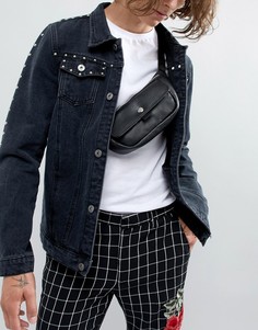 Черная кожаная сумка-кошелек на пояс с отделкой заклепками на кармане ASOS DESIGN - Черный