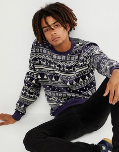 Велюровый свитшот с новогодним рисунком ASOS DESIGN - Темно-синий