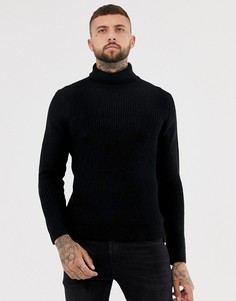 Черный вязаный джемпер с отворачивающимся воротником Bershka - Черный