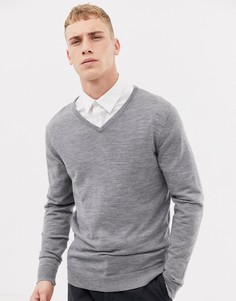 Джемпер из 100% мериносовой шерсти с V-образным вырезом Selected Homme - Серый