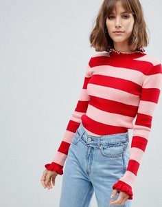 Вязаный приталенный джемпер в полоску и рубчик с оборками по краям Maison Scotch - Розовый