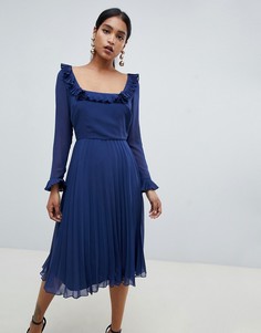Плиссированное платье миди с длинными рукавами ASOS DESIGN - Темно-синий