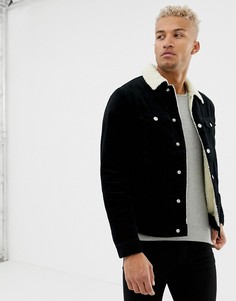 Черная вельветовая куртка с подкладкой из искусственного меха Pull&Bear - Черный