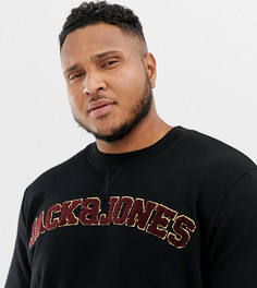 Свитшот большого размера с флоковым названием бренда Jack & Jones Originals Plus - Черный