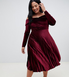 Бархатное платье миди с широким вырезом и плиссированной юбкой ASOS DESIGN Curve - Фиолетовый