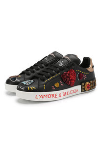 Кожаные кеды Portofino с аппликациями Dolce & Gabbana