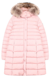 Пуховое пальто на молнии с капюшоном и меховой отделкой Moncler Enfant