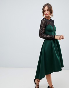 Платье миди с длинными рукавами и кружевным топом ASOS DESIGN - Зеленый