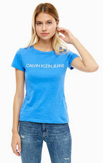 Синяя хлопковая футболка с принтом Calvin Klein Jeans